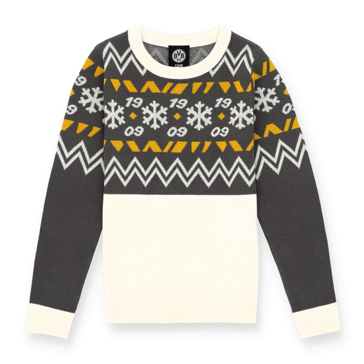 Winterpullover für Kinder von Borussia Dortmund in schwarzgelben Vereinsfarben mit integrierten Schneeflocken und 19/09-Motiven, ideal für kalte Tage und Fans.