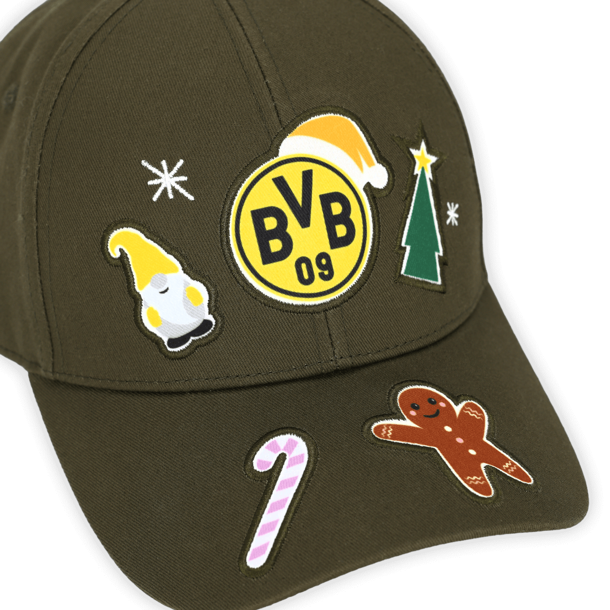 Olivgrüne BVB-Basecap mit schwarzgelbem BVB-Logo und weihnachtlichen Applikationen wie Zuckerstange, Lebkuchenmännchen und Tannenbaum.