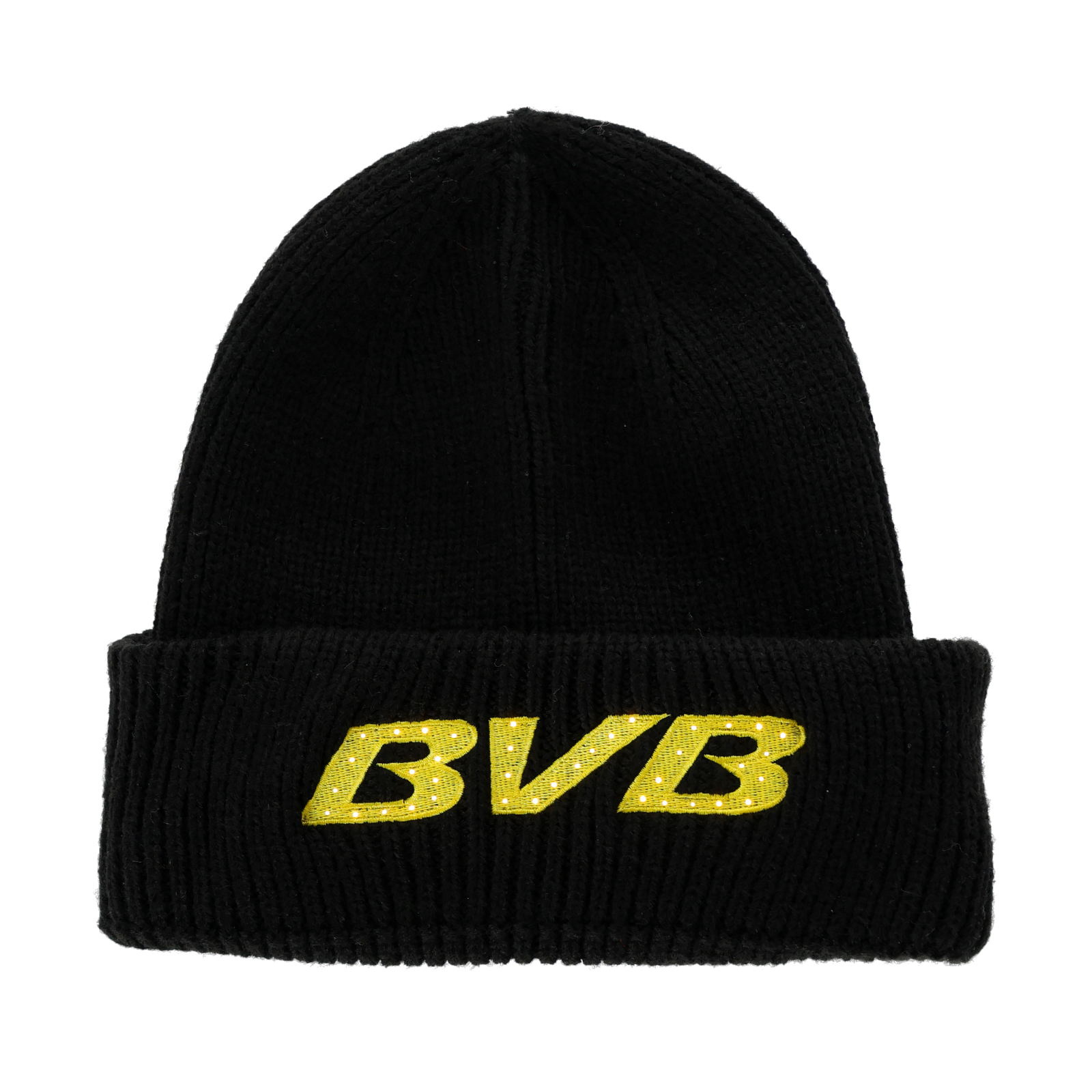 Schwarze BVB-Wintermütze mit gelbem BVB-Logo und integriertem LED-Feature, perfekt für kalte Tage und echte Borussia Dortmund Fans.