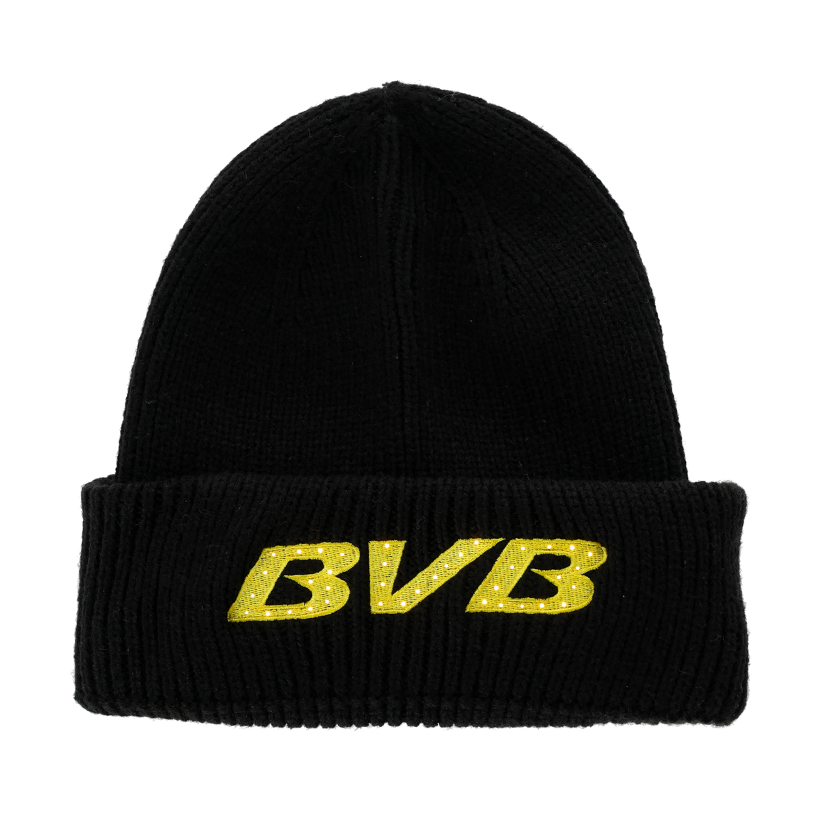 Schwarze BVB-Wintermütze mit gelbem BVB-Logo und integriertem LED-Feature, perfekt für kalte Tage und echte Borussia Dortmund Fans.