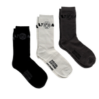 Coffret cadeau de 3 paires de chaussettes BVB en noir, blanc et gris foncé, ornées de l'inscription « Borussia Dortmund » et du logo BVB, idéal pour les supporters.