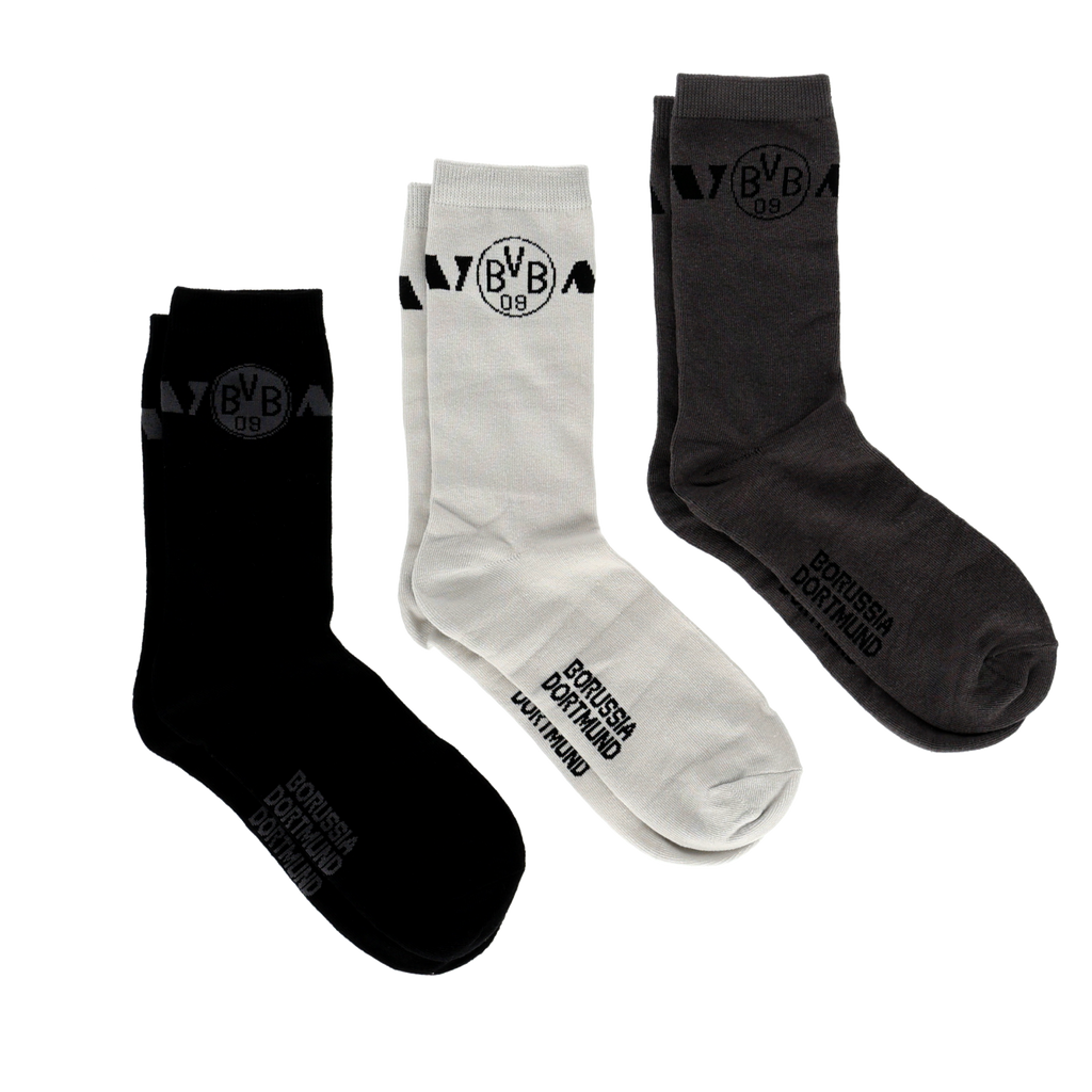 Set regalo di 3 paia di calzini BVB nei colori nero, bianco e grigio scuro con la scritta "Borussia Dortmund" e il logo BVB, ideale per i tifosi.
