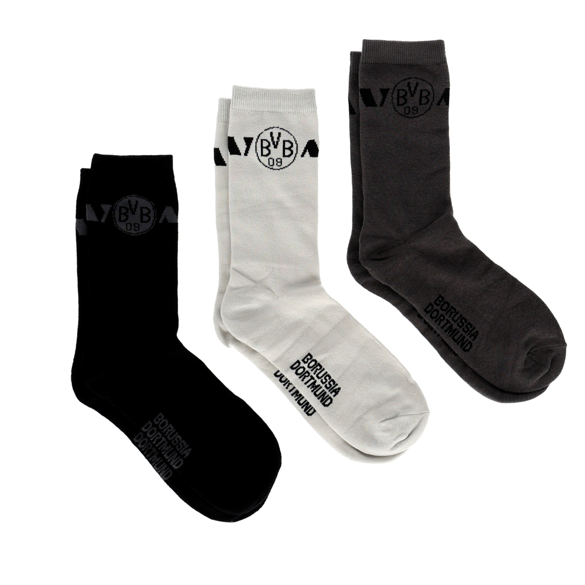 Set regalo di 3 paia di calzini BVB nei colori nero, bianco e grigio scuro con la scritta "Borussia Dortmund" e il logo BVB, ideale per i tifosi.