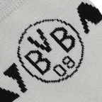 Immagine ravvicinata dei calzini del BVB con motivo in bianco e nero e logo BVB al centro. Perfetti come gadget per i tifosi e come set regalo.