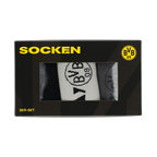Il set regalo di 3 paia di calzini del BVB comprende calzini di alta qualità nei colori nero e giallo con il design del Borussia Dortmund, confezionati in un'elegante scatola con il logo BVB 09.