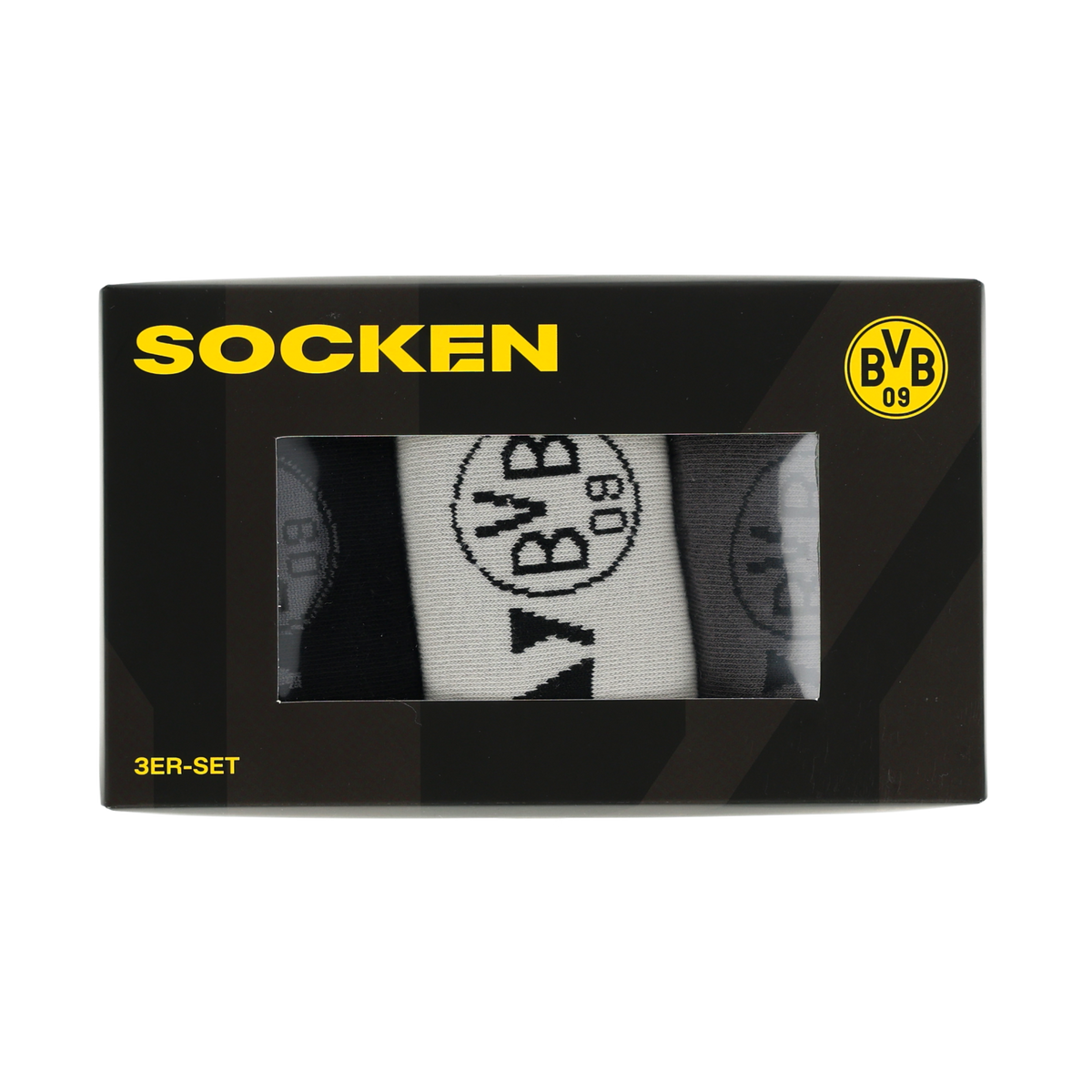 Das BVB 3er Socken Geschenkset präsentiert hochwertige schwarzgelbe Socken im Design von Borussia Dortmund, verpackt in einer stilvollen Box mit BVB 09 Logo.
