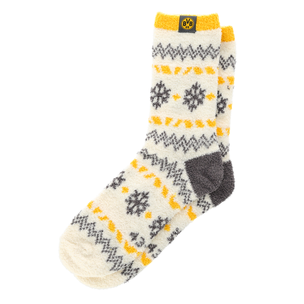 Soft and warm BVB Winter Wonder cabin socks in off-white with a black-and-yellow design and the BVB logo—perfect for fans and cold winter days.