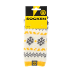 White BVB Winter Wonder cabin socks with a black-and-yellow pattern and the BVB logo—perfect for cold days.