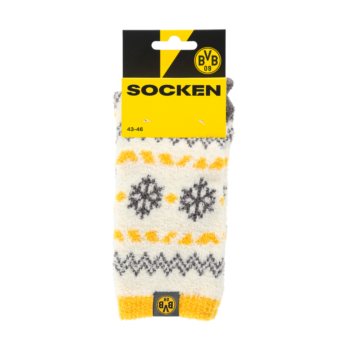 White BVB Winter Wonder cabin socks with a black-and-yellow pattern and the BVB logo—perfect for cold days.