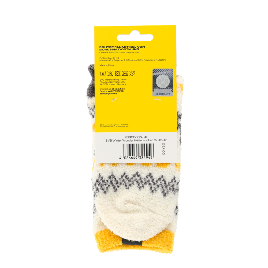 Black-and-Yellow BVB Winter Wonder Hüttensocken, fan-friendly design with high comfort, delivered in eye-catching packaging featuring the BVB logo.