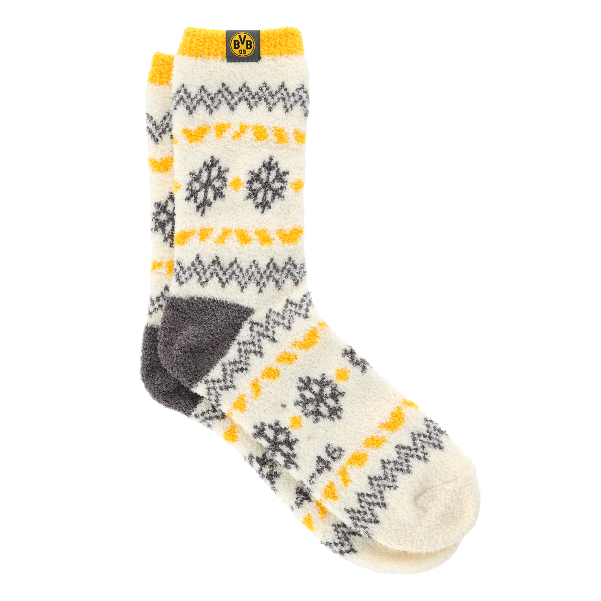 Calzini da montagna BVB “Winter Wonder” color crema con motivo nero e giallo e logo BVB, ideali per le calde e accoglienti giornate invernali.