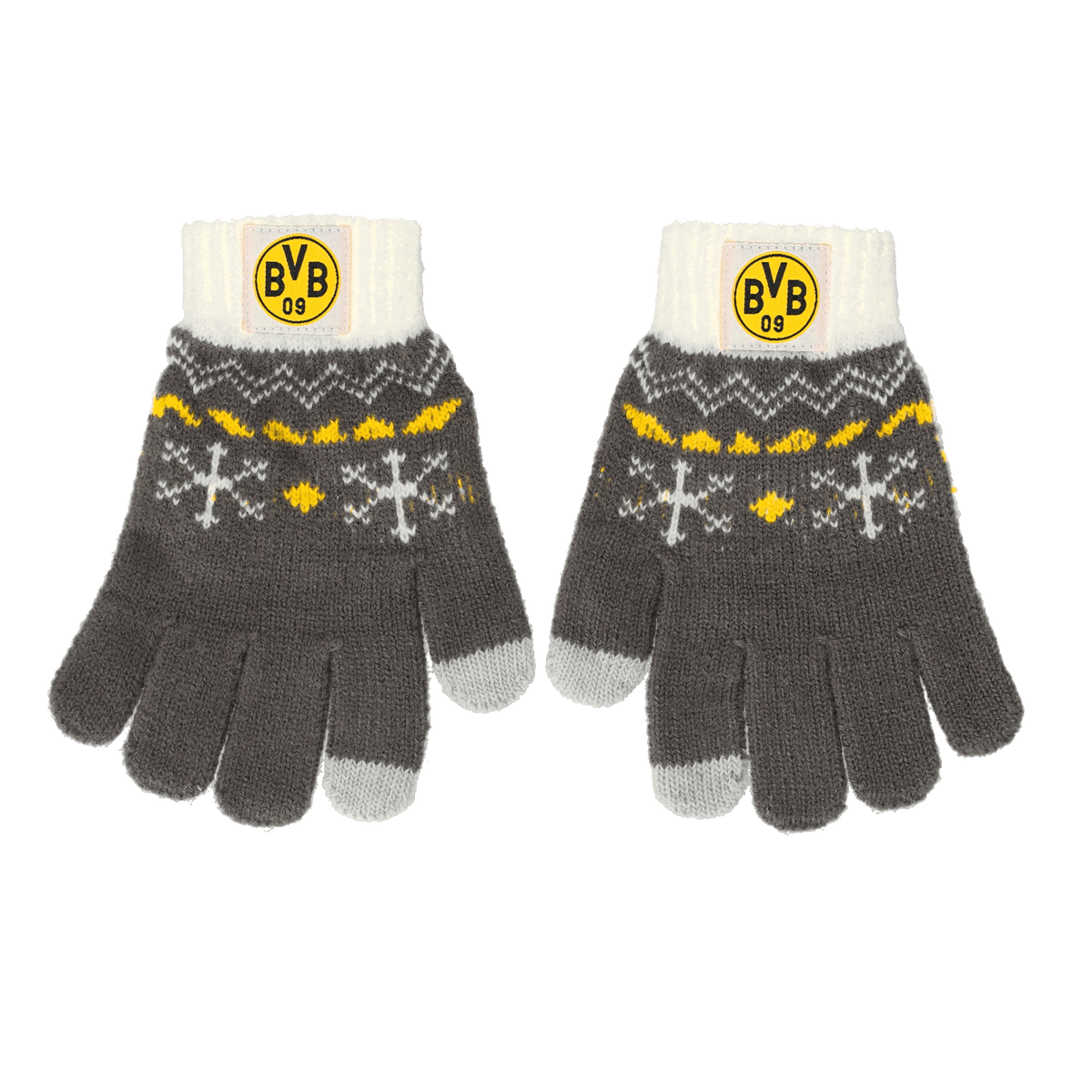 Gestrickte BVB Kinderhandschuhe in grau mit schwarzgelbem Schneeflocken-Muster und weißem Bündchen mit BVB-Logo, ideal für kalte Wintertage.