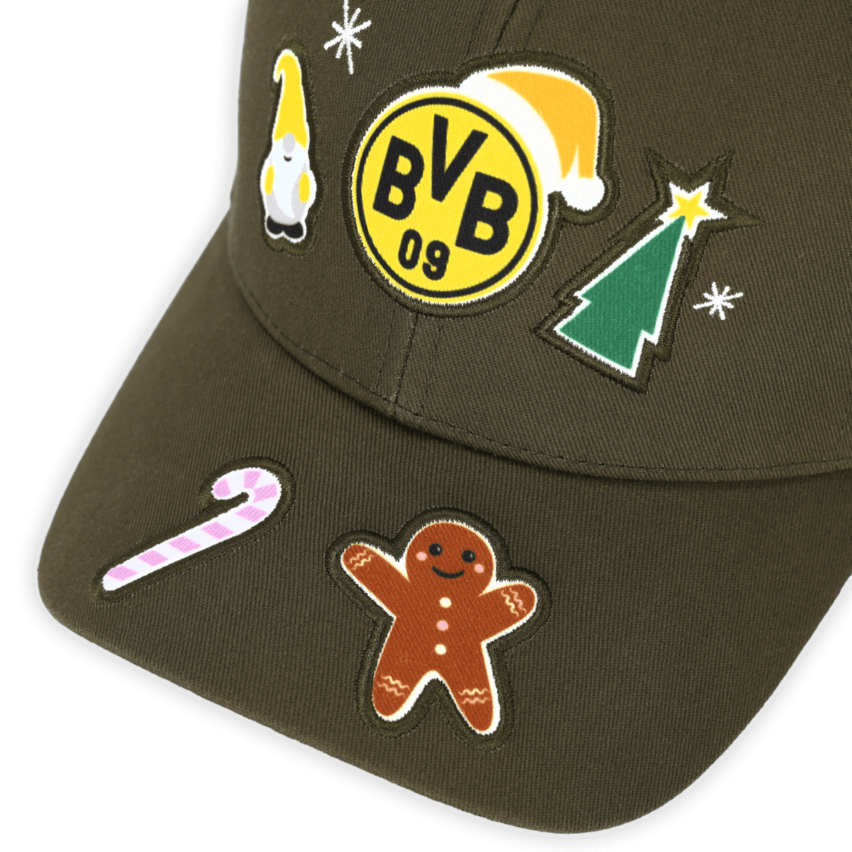 Elegante berretto invernale del BVB per bambini con motivi natalizi come l'omino di pan di zenzero, l'albero di Natale e lo stemma del BVB. Perfetto come gadget per i tifosi e come regalo di Natale.