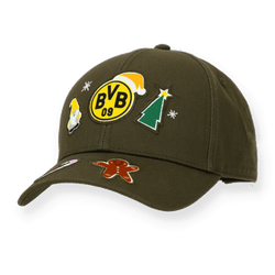 Gorro de invierno del BVB en color verde oliva para niños, con motivos navideños como un hombrecito de pan de jengibre, un árbol de Navidad y un gorro de Papá Noel, además del logotipo del BVB; perfecto para los aficionados en Navidad.