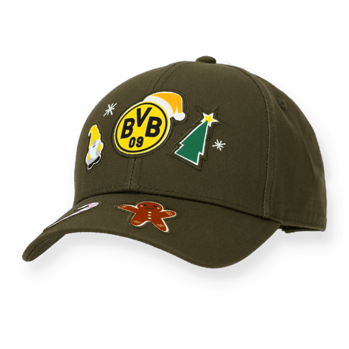 Olivegrüne BVB-Winterkappe für Kinder mit weihnachtlichen Applikationen wie Lebkuchenmann, Weihnachtsbaum und Nikolausmütze sowie BVB-Logo; perfekt für Fans zu Weihnachten.
