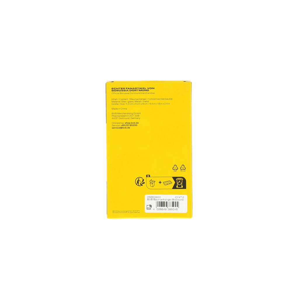 Rückseite einer gelben BVB-Verpackung mit Produktinformationen, Barcodes sowie Recyclinghinweisen.