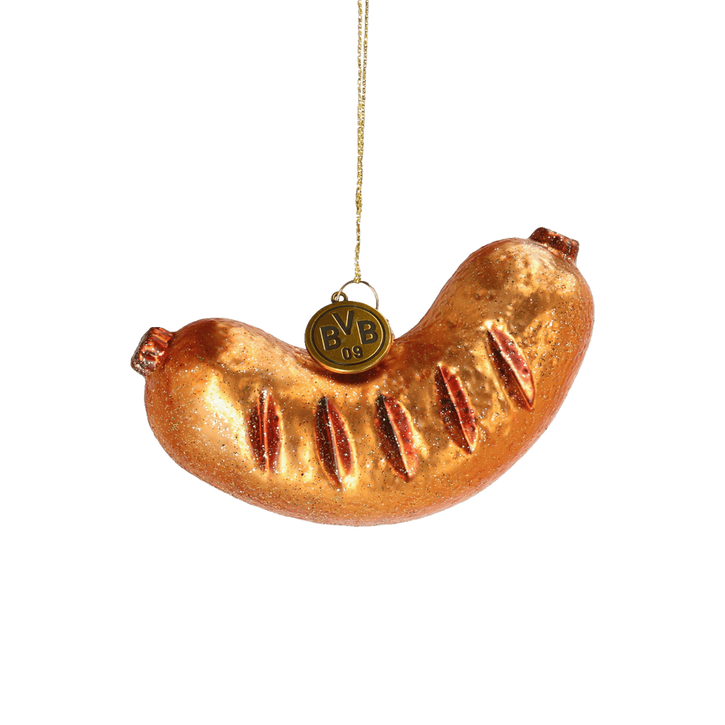 Goldfarbener BVB-Weihnachtsbaum-Anhänger in Bratwurstform mit Grillmarkierungen, glitzerndem Finish und schwarzem BVB 09-Emblem.