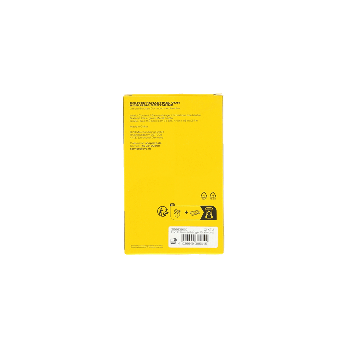 Glänzend braune BVB-Wurst mit Grillstreifen in schwarzer Verpackung und BVB-Logo, diagonale Perspektive, ideal für Fans von Borussia Dortmund.