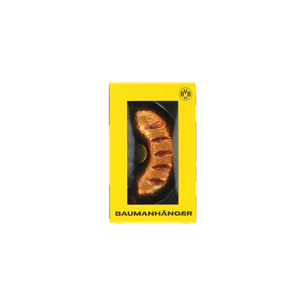 Adorno para el árbol de Navidad del Borussia Dortmund con forma de salchicha, presentado en un envase del BVB en colores negro y amarillo.