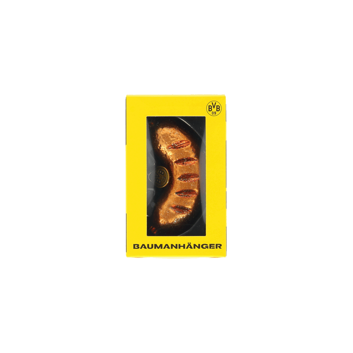 Adorno para el árbol de Navidad del Borussia Dortmund con forma de salchicha, presentado en un envase del BVB en colores negro y amarillo.