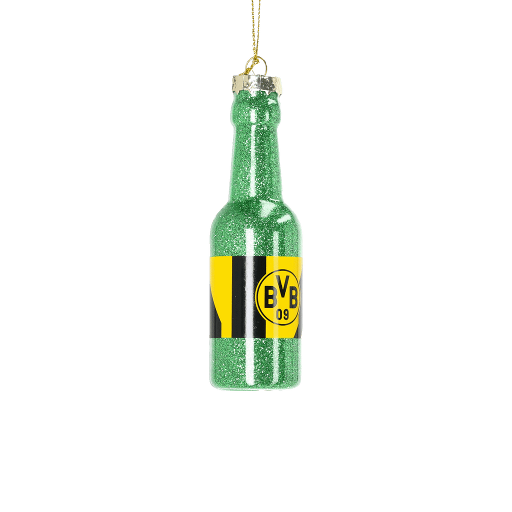 Weihnachtsbaumanhänger in Form einer glitzernden grünen Flasche mit schwarzgelbem BVB 09-Logo, ideal für Fans von Borussia Dortmund.
