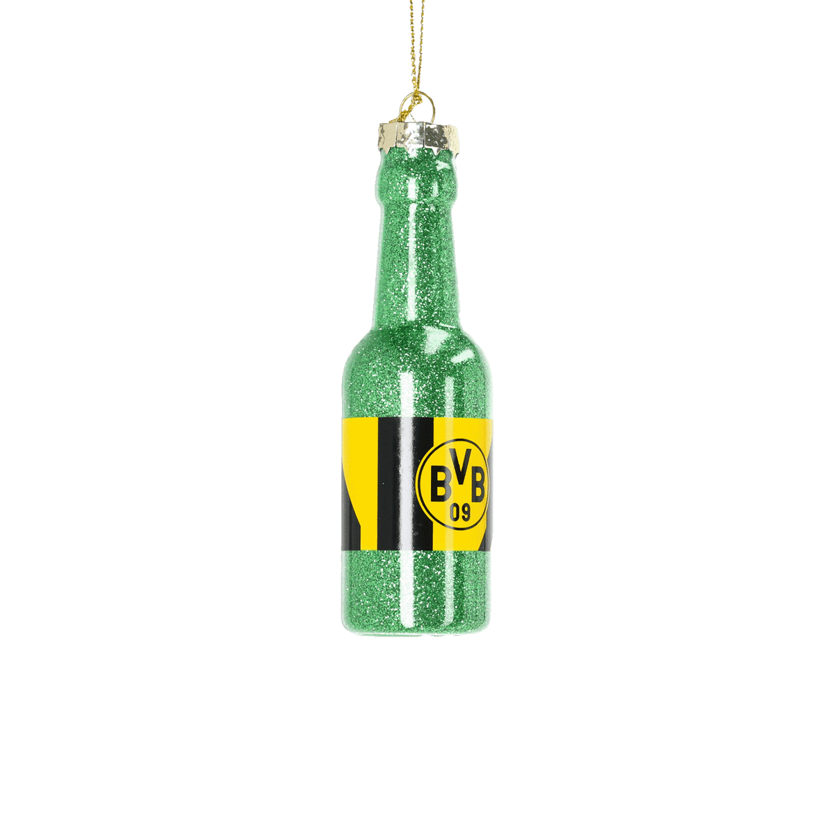 Weihnachtsbaumanhänger in Form einer glitzernden grünen Flasche mit schwarzgelbem BVB 09-Logo, ideal für Fans von Borussia Dortmund.