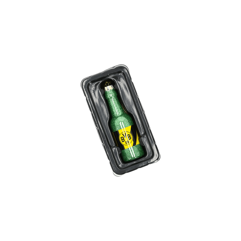 Glitzernde grüne BVB-Dekoflasche mit schwarzgelbem Etikett und BVB-Logo, präsentiert in einer Kunststoffverpackung.