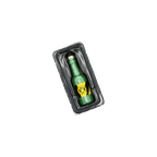 Glitzernde grüne BVB-Dekoflasche mit schwarzgelbem Etikett und BVB-Logo, präsentiert in einer Kunststoffverpackung.