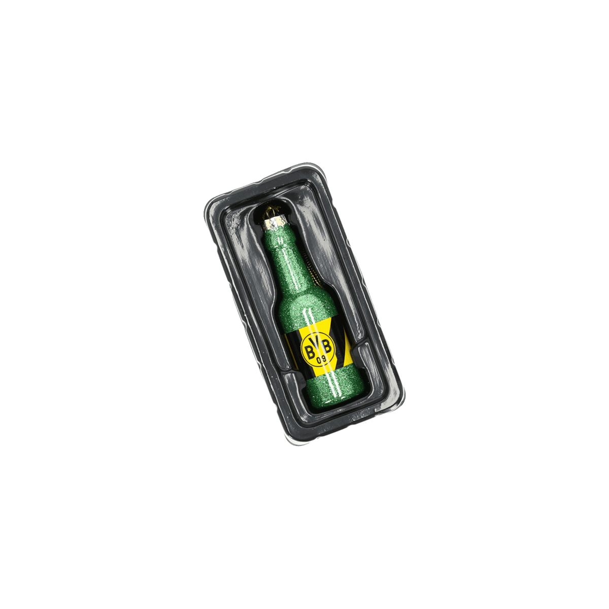 Glitzernde grüne BVB-Dekoflasche mit schwarzgelbem Etikett und BVB-Logo, präsentiert in einer Kunststoffverpackung.