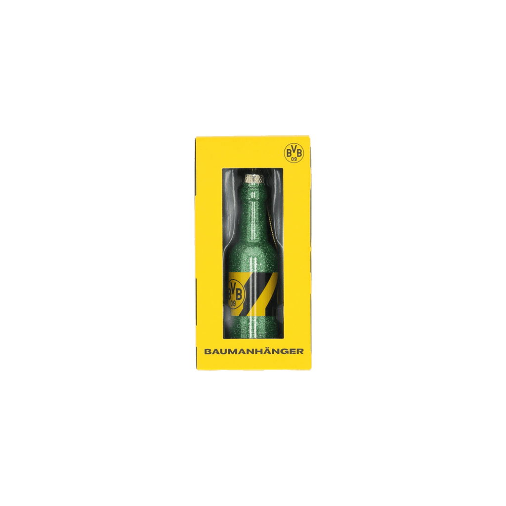Gelbe Verpackung von BVB-Fanartikel, Rückseite mit schwarzem Text und Recycling-Hinweisen.