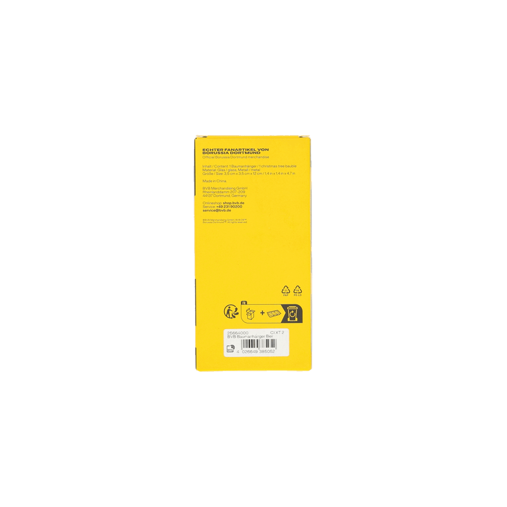 Gelbe Verpackung von BVB-Fanartikel, Rückseite mit schwarzem Text und Recycling-Hinweisen.