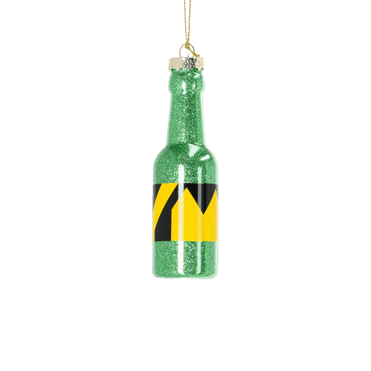 Grüner glitzernder Weihnachtsbaumschmuck in Form einer Flasche, dekoriert mit einem schwarzgelben Streifenmuster und einer goldenen Aufhängung, ideal für BVB-Fans.