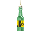 Baumanhänger in Form einer glänzenden grünen Flasche, verziert mit dem schwarzgelben BVB-Logo, in einer gelben Verpackung mit Sichtfenster.