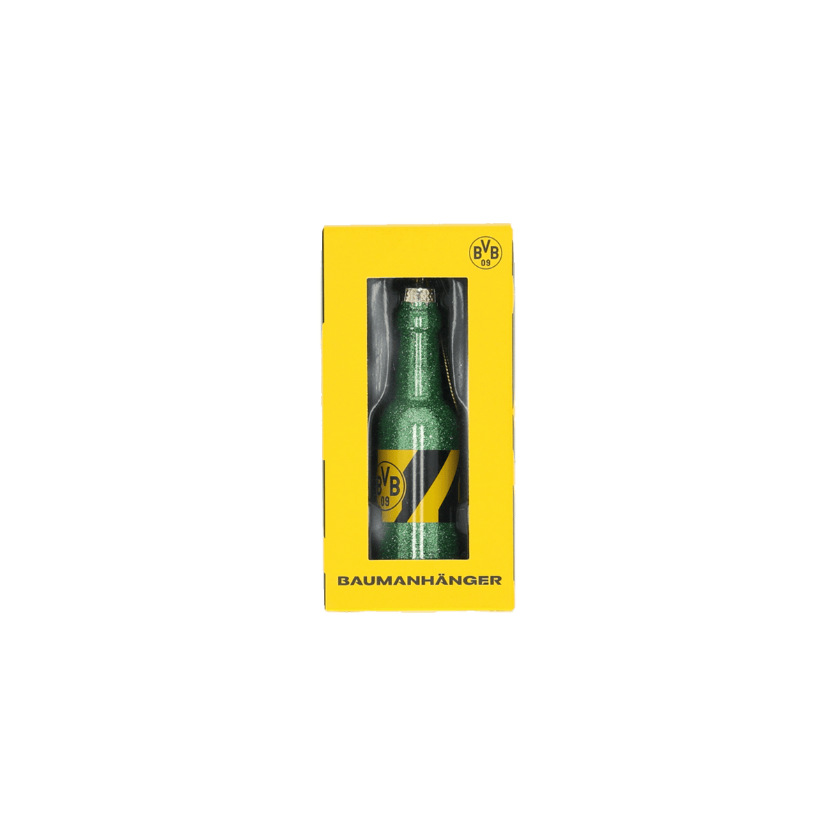 Baumanhänger in Form einer glänzenden grünen Flasche, verziert mit dem schwarzgelben BVB-Logo, in einer gelben Verpackung mit Sichtfenster.