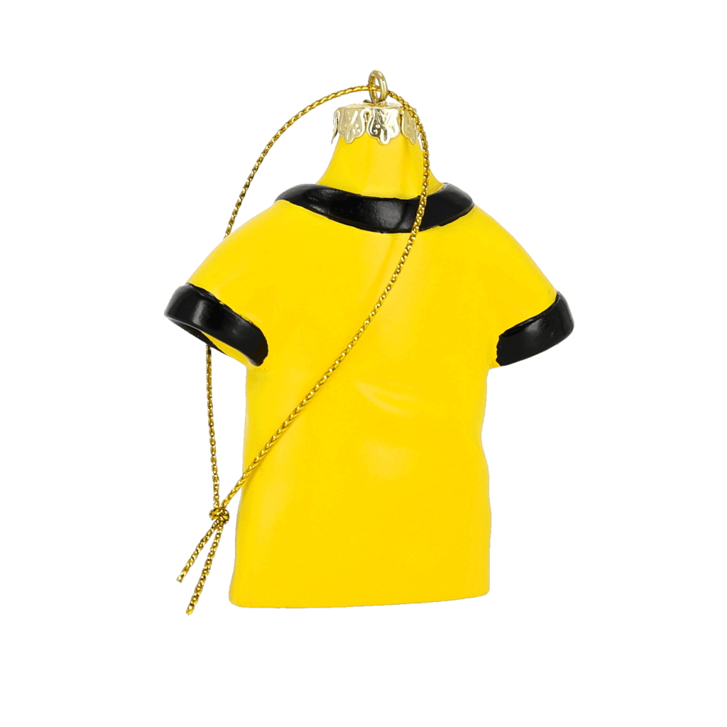 Black-and-yellow BVB tree ornament shaped like a jersey, perfect as a Christmas decoration for Borussia Dortmund fans.