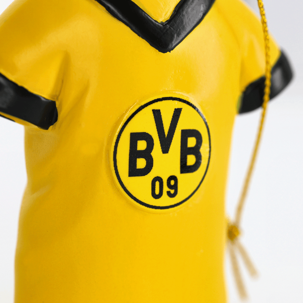 Yellow BVB tree ornament shaped like a jersey with a black collar and the BVB 09 logo, perfect as a Christmas decoration for fans.
