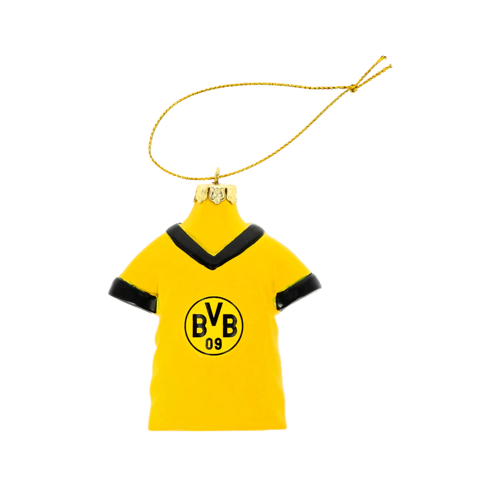 A tree ornament shaped like a yellow BVB jersey with a black collar and black BVB logo, ideal as a Christmas decoration for fans.