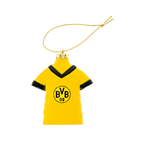 A tree ornament shaped like a yellow BVB jersey with a black collar and black BVB logo, ideal as a Christmas decoration for fans.