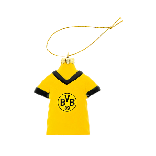 Baumanhänger in Form eines gelben BVB-Trikots mit schwarzem Kragen und schwarzem BVB-Logo, ideal als Weihnachtsdekoration für Fans.