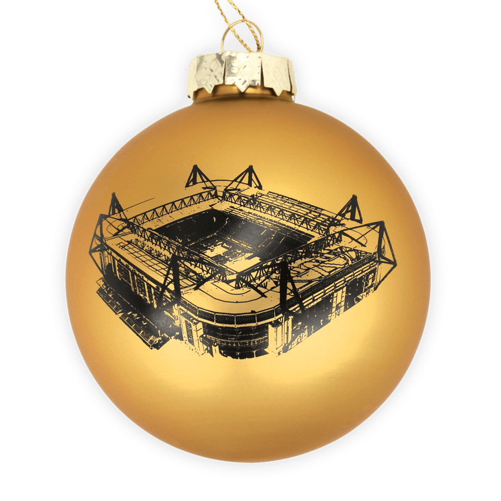 Boule de Noël décorative dorée avec un motif noir représentant le SIGNAL IDUNA PARK. Produit officiel du BVB destiné à la période de Noël et à la décoration.
