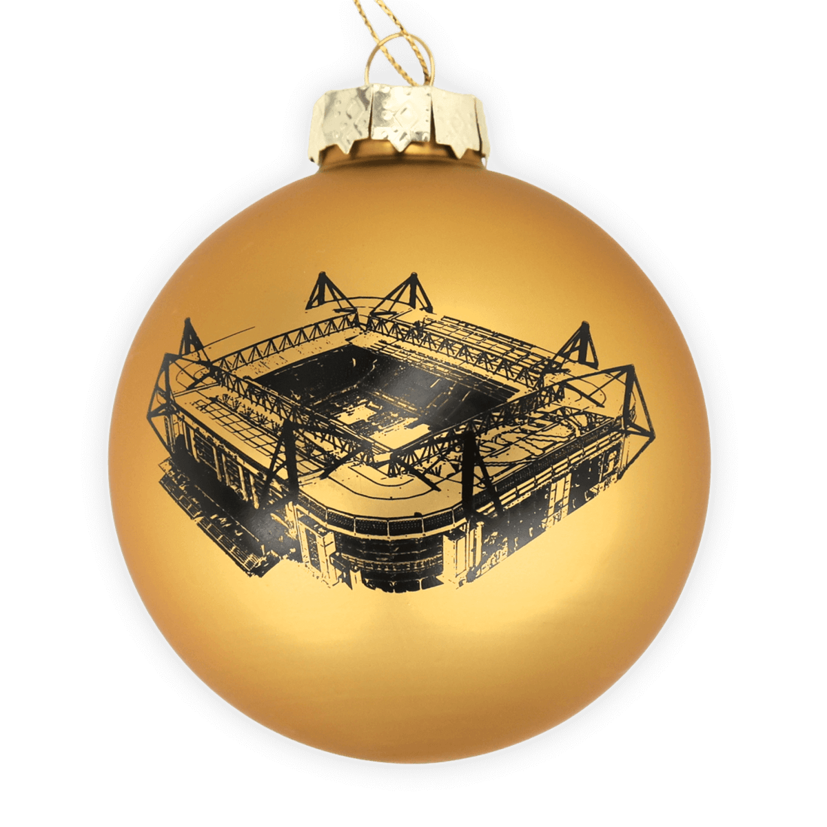Boule de Noël décorative dorée avec un motif noir représentant le SIGNAL IDUNA PARK. Produit officiel du BVB destiné à la période de Noël et à la décoration.