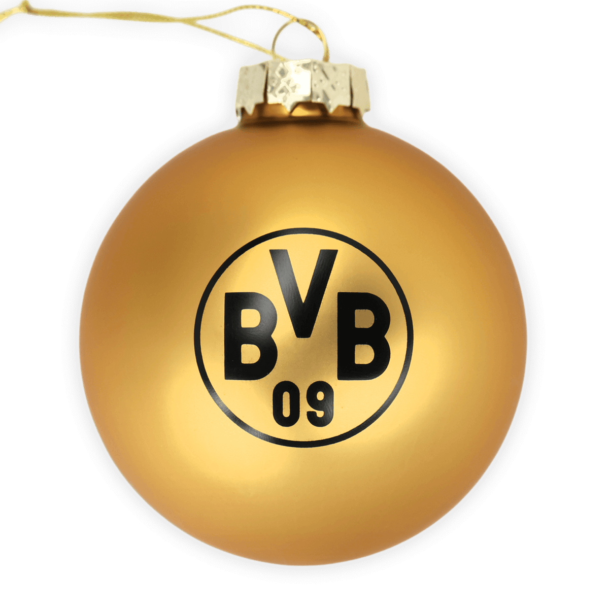Bola de Navidad dorada con el logotipo negro del BVB 09, un elegante adorno para el árbol destinado a los aficionados del Borussia Dortmund.