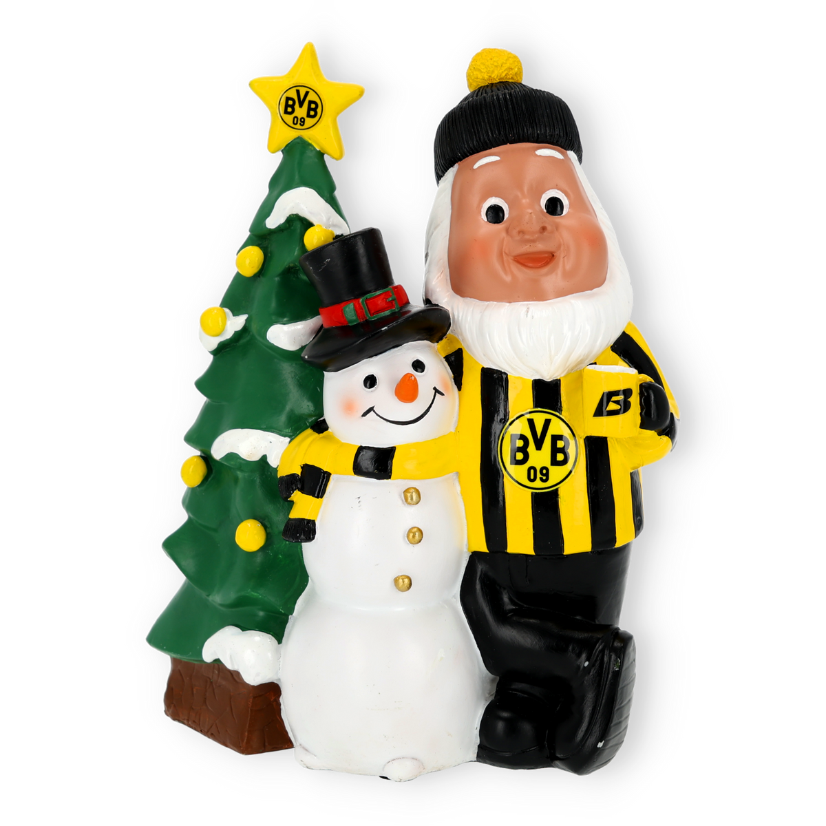 Schwarzgelber BVB-Gartenzwerg mit Schneemann und weihnachtlich dekoriertem Weihnachtsbaum, inklusive BVB-Stern und Ornamenten.