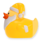 Gelbe BVB Badeente im Weihnachtsmann-Design mit weißem Bart, Mütze und orangefarbenem Schnabel. Perfekter Borussia Dortmund Fanartikel für die Weihnachtszeit.