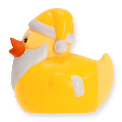 Gelbe BVB Badeente im Weihnachtsmann-Design mit weißem Bart, Mütze und orangefarbenem Schnabel. Perfekter Borussia Dortmund Fanartikel für die Weihnachtszeit.