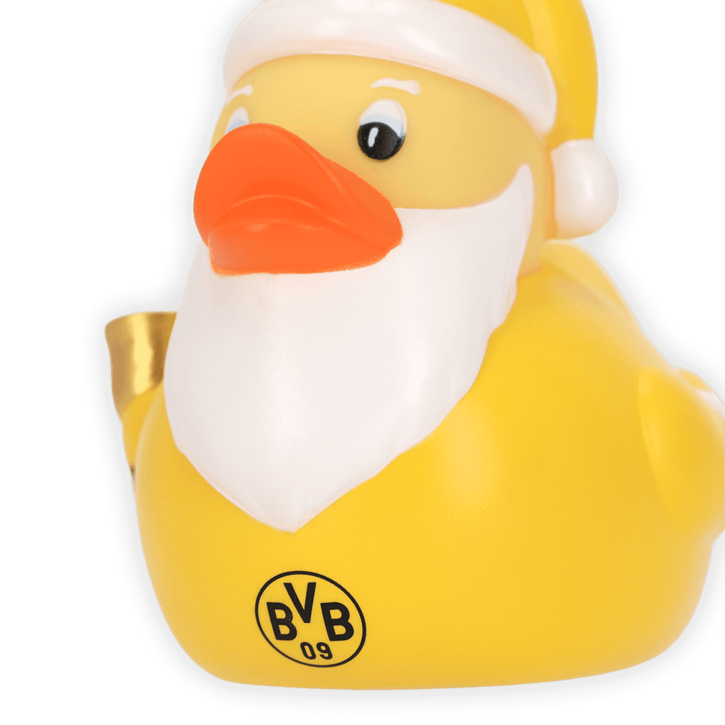 Gelbe BVB-Badeente im Weihnachtsmann-Design mit weißem Bart, rotem Schnabel und dem BVB-09-Logo auf der Seite. Perfekt als Fanartikel oder Geschenk.