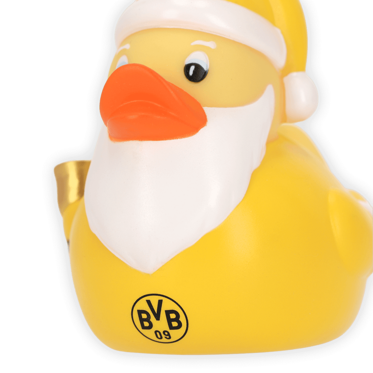 Gelbe BVB-Badeente im Weihnachtsmann-Design mit weißem Bart, rotem Schnabel und dem BVB-09-Logo auf der Seite. Perfekt als Fanartikel oder Geschenk.