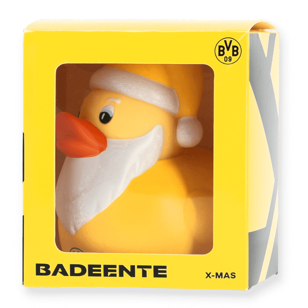 BVB Badeente im weihnachtlichen Weihnachtsmann-Design, gelb mit schwarzem BVB-Logo, ideales Fanartikel-Geschenk zu Weihnachten.