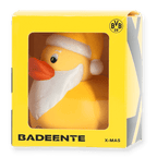 BVB Badeente im weihnachtlichen Weihnachtsmann-Design, gelb mit schwarzem BVB-Logo, ideales Fanartikel-Geschenk zu Weihnachten.