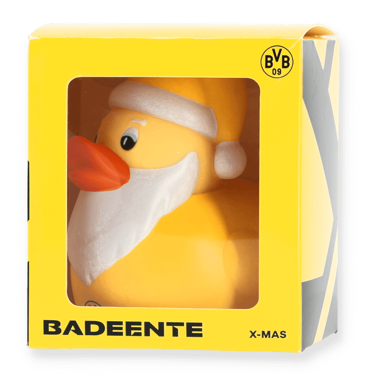 BVB Badeente im weihnachtlichen Weihnachtsmann-Design, gelb mit schwarzem BVB-Logo, ideales Fanartikel-Geschenk zu Weihnachten.